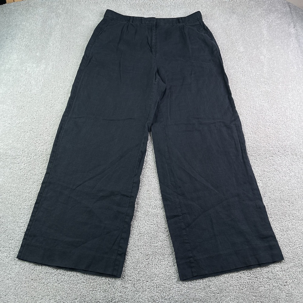 J Crew Pants Womens 12 Black Essential Wide Leg 100% Linen Trousers Breathable